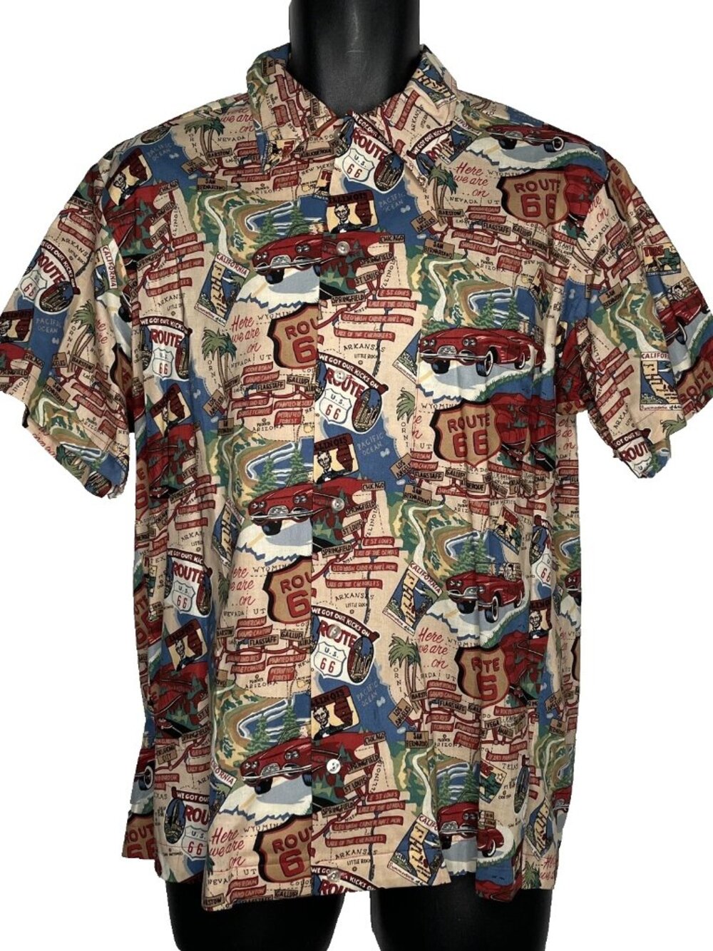 Vintage 80s/90s Cruisin USA Button Up Shirt Size M Beige Route 66 Map Americana